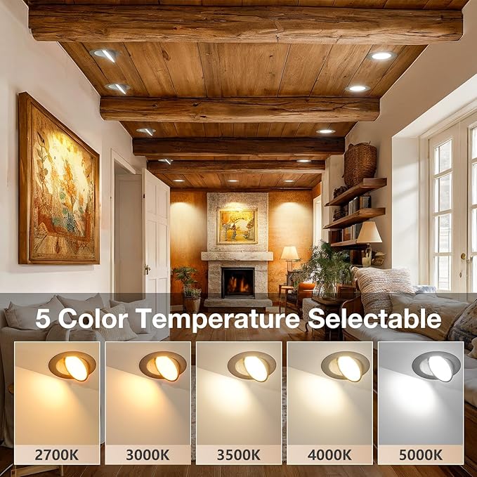 Amico 12 Pack 6 Inch 5CCT Gimbal LED Recessed Lighting, 360°&90°Adjustable Eyeball Directional Downlight, Dimmable, 2700K/3000K/3500K/4000K/5000K Selectable, 12W 1200LM CRI90+, Black, ETL&FCC