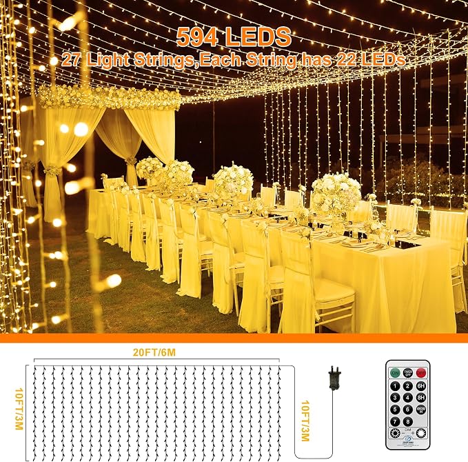 THKFUL 20x10FT 600LED Curtain Lights for Room,Hanging Backrop Curtain Fairy Lights Indoor Window Icicle Light Waterproof with Remote Control,Timer for Holiday Yard Garden(Warm White)