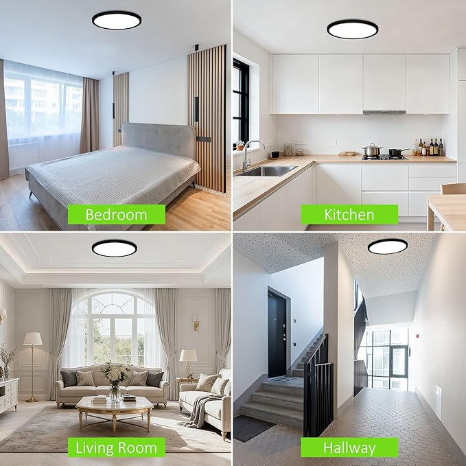 1 Pack LED Flush Mount Ceiling Light, 24W Ultra Thin Round White Lamp 3000K/4000K/6500K 3 Color Temperatures Adjusted 12 Inch Modern Ceiling Lights, Black, Wired
