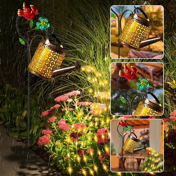 Solar Lanterns Cardinal Granden Decor, Watering Can with Cardinal Shepherd Hook and Cascading Lights, Outdoor Solar Lantern for Garden Yard Decor, Gifts for Women Mom Grandma Birthday, Mothers Day