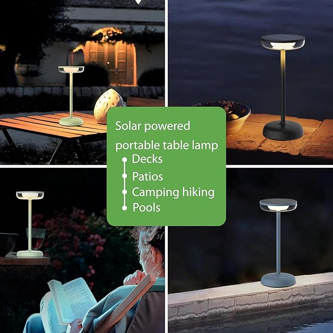 Cocktail Style Solar Table Lamp – Cordless LED Light with USB-C Charging, Dimmable Warm 2700K Glow, Weather Resistant for Indoor/Outdoor Use – Green, 1 Pack