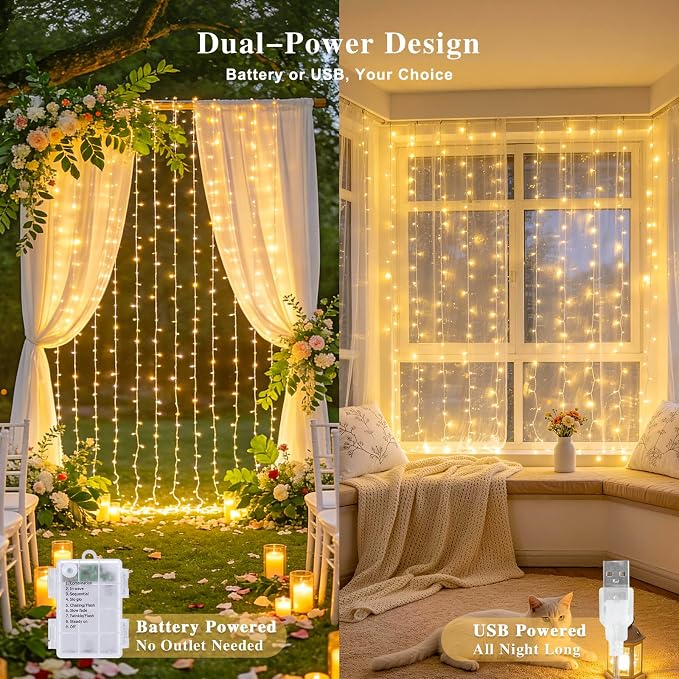 JMEXSUSS 200 LED Curtain Lights Battery Operated & USB Plug in, 8 Modes Warm White Curtain Hanging String Lights Indoor Outdoor for Bedroom Backdrop Wall Dorm Wedding Party Patio Christmas Decorations