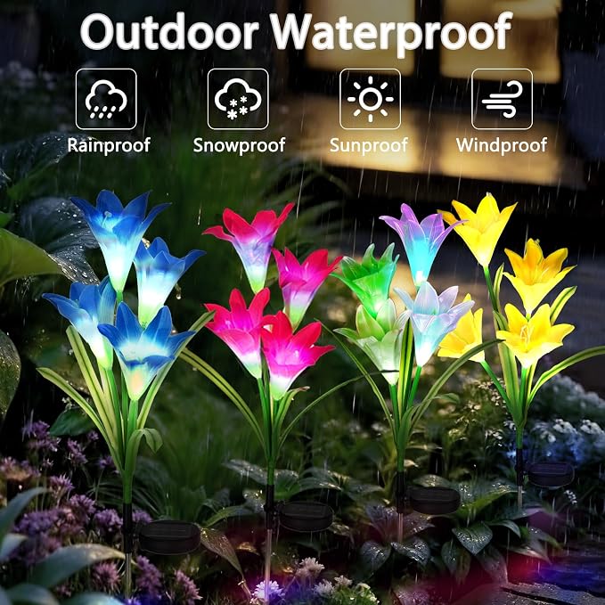 4 Pack Color Changing Solar Lights Outdoor Lily Flower Stake Lights | Auto ON/Off,Outdoor Waterproof,Solar Garden Lights for Lawn Pathway Landscape Garden Gifts for Mom Women Grandma