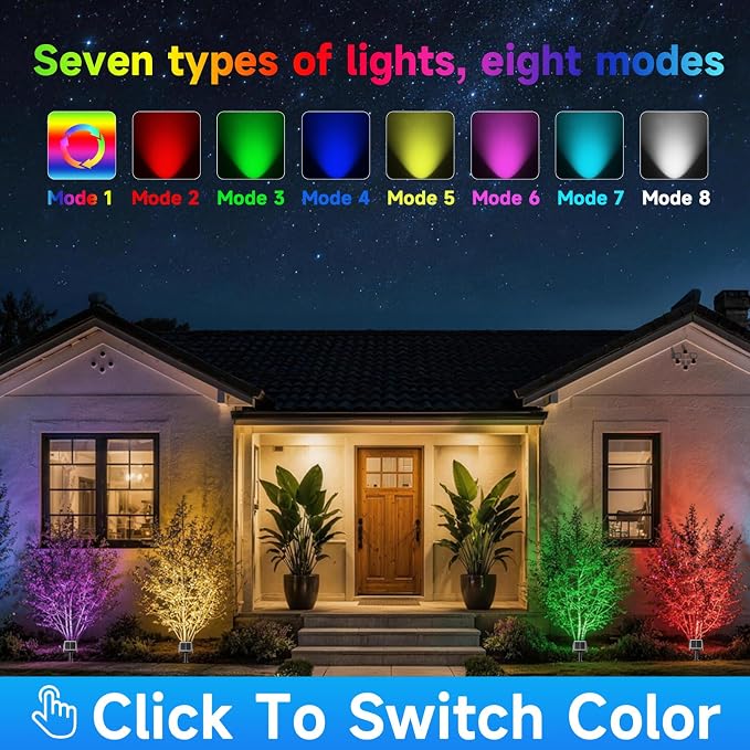 RGB Solar Spot Lights : 2 IN 1 Solar Lights Outdoor with 8 Lighting Modes & PC Light Guide Column for Tree Garden Yard Pathway | RGB Color Changing Landscape Lights | IP65 Waterproof | 12 Pack