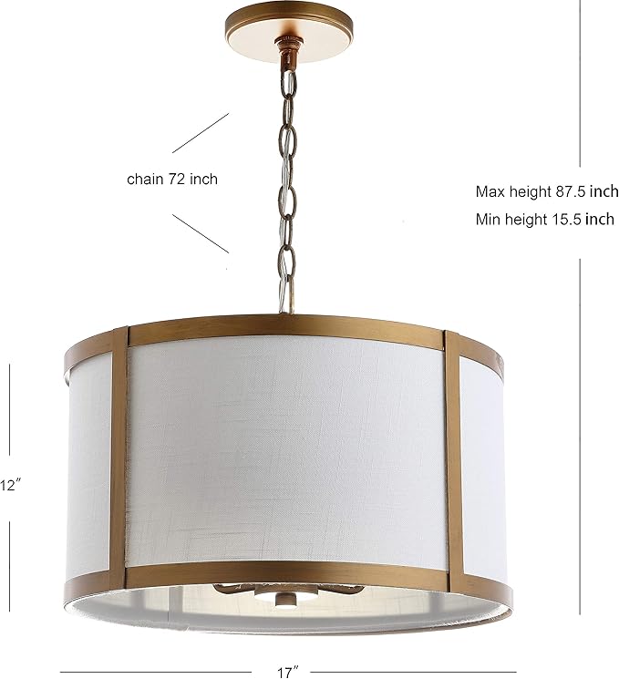 JONATHAN Y 17" Gold/White Metal LED Pendant Light for Kitchen Island, White Linen Drum Shade, Transitional Ceiling Hanging Fixture for Dining Room, 4 Bulbs Included (JYL3510B)