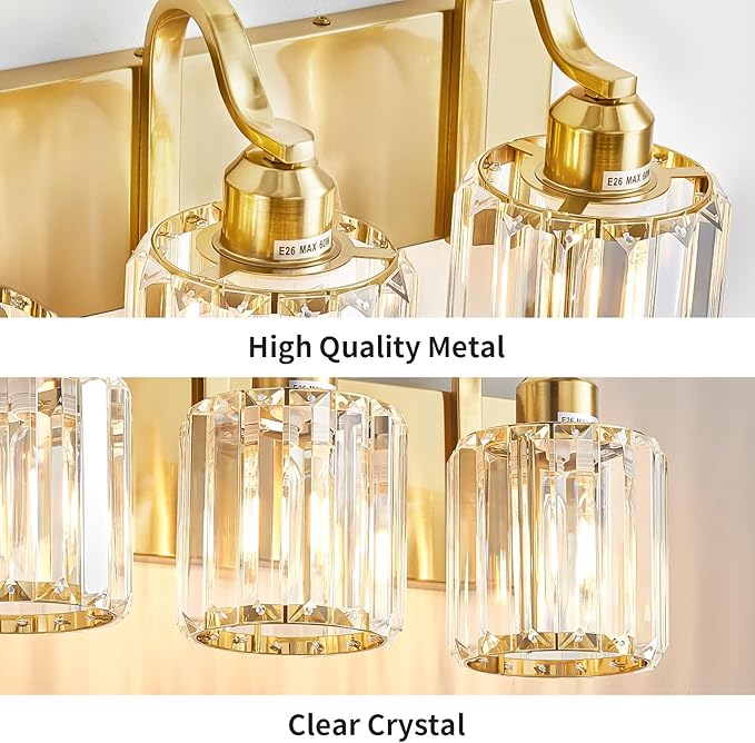 Modern Bathroom Vanity Light 6-Lights Brass Gold Vanity Light Crystal Wall Light Bathroom Light Fixtures with Round Shade (Exclude Bulb)