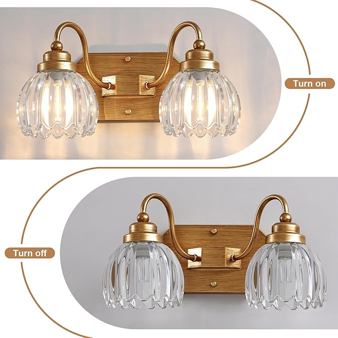 Gold Vanity Light, Vintage Bathroom Light Fixtures, 2-Light Matte Antique Brass Finish with Crystal Glass Shade, Mid Century Style Wall Sconces for Bedroom, Living Room