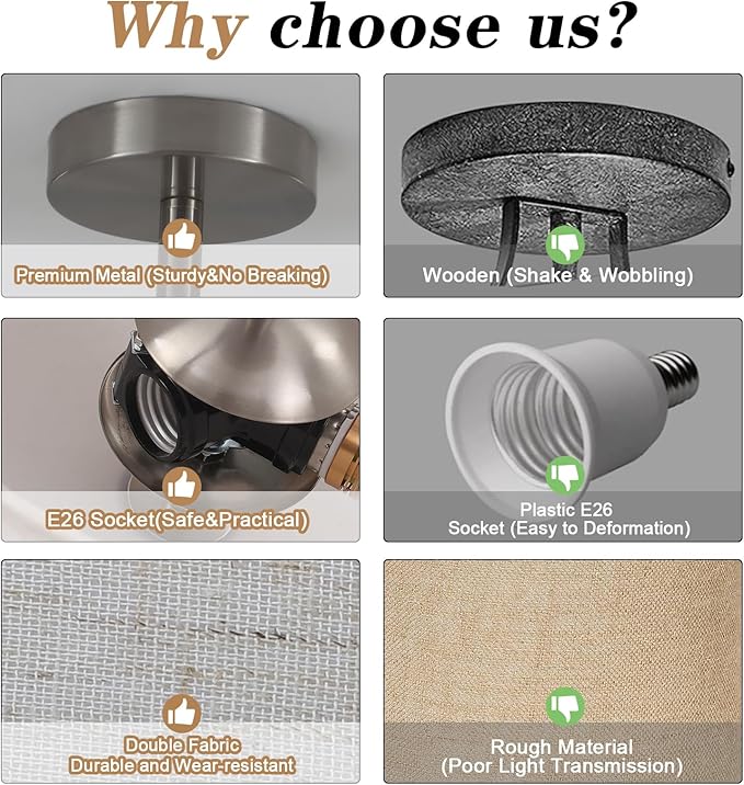 BUXVRCS Semi Flush Mount Ceiling Light Fixture, Modern Light Fixtures Ceiling Mount with Fabric Shade, 3-Light Double Drum Lighting Fixtures Close to Ceiling Light for Bedroom (Brushed Nickel)