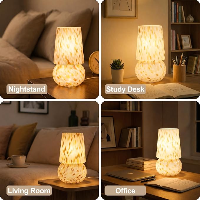 9.8 Inch Mushroom Table Lamp, UL Listed Dimmable Small Desk Bedside Lamp with Woven Beige Cord, Handcrafted Pattern, Murano Home Decor for Bedroom, Living Room, Entryway, Cream Gold, No Bulb Included