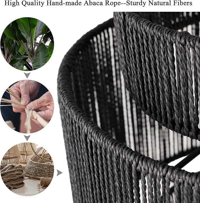 16 Inch Large Natural Simple Hand Weaved Rattan Pendant Lamp, Coastal Beach Black Rope Hanging Pendant Light Fixture for Dining Room Living Room Bedroom Kitchen Foyer
