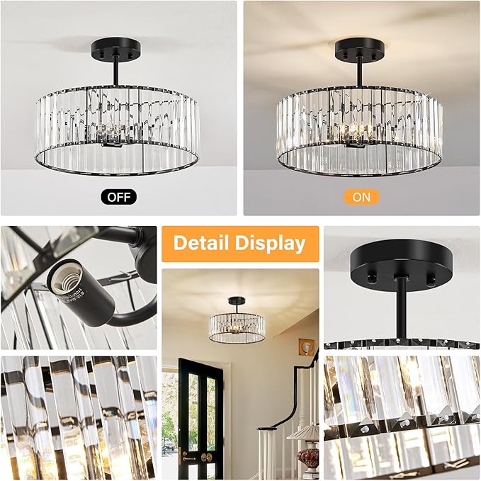 Black Crystal Ceiling Light Fixture, Modern Semi Flush Chandelier, Round Hanging Lighting Chandeliers for Dining Room, Kitchen, Bedroom, 3-Light, 15.74 Inch