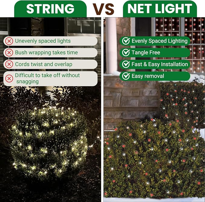 Christmas Light Net – 150 LED Red, Green & Cool-White Mesh Lights - 4 ft x 6 ft – Outdoor/Indoor – Net Lights for Bushes, Hedges or Trees