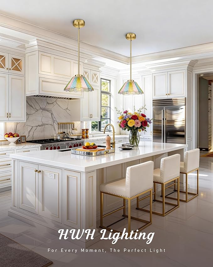 Gold Pendant Light, HWH 10.4-inch Hanging Light Fixture for Living Room, Dining Room, Bedroom, Pendant Lights Kitchen Island with Colored Floral Glass, Gold Finish, 5HJX110MIL BG-C