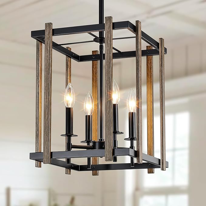 4-Light Farmhouse Chandelier Faux Wood Chandeliers Dining Room Light Fixture Adjustable Rustic Cage Pendant Light Fixtures for Kitchen Island Entryway Bedroom