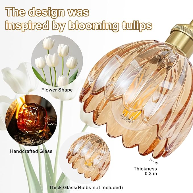 Vintage Bathroom Light Fixtures,6-Light Hardwired Vanity Lights with Amber Tulip Glass Shade,Gold Bathroom Vanity Light for Mirror Restroom,E26 Socket,40.55 in(Bulbs Not Included)