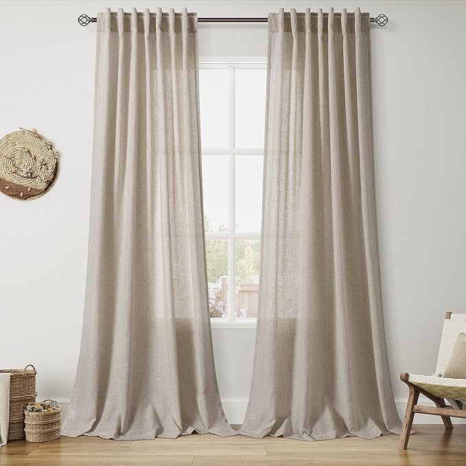 Nanspring 102 Inch Long Curtains for Living Room Cobblestone Linen Blend Light Filtering Semi Sheer Curtain Back Tab Modern Farmhouse Decor Floor to Ceiling Drapes for Bedroom 52x102, 2 Panels