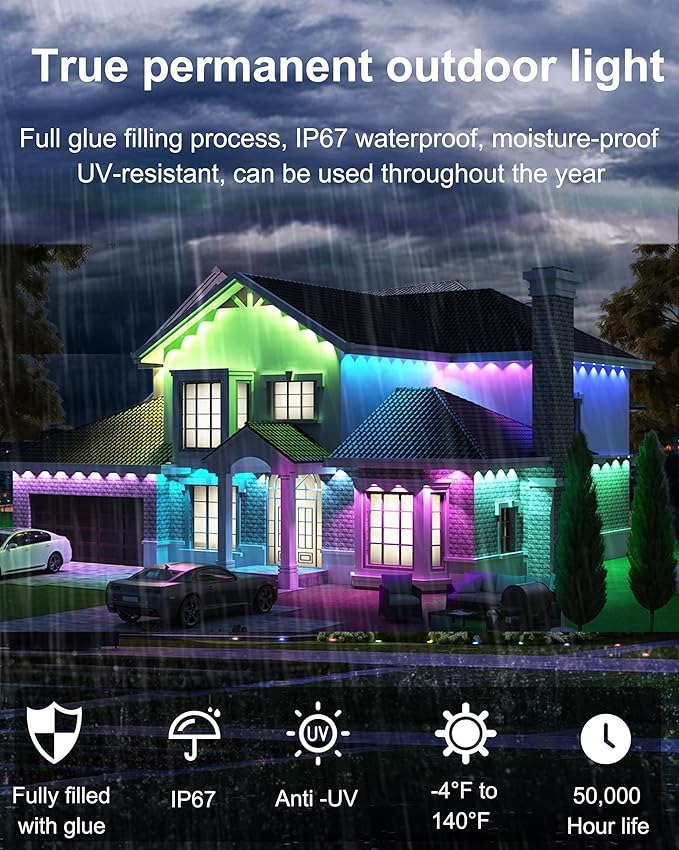 Permanent Outdoor Lights for House, 100ft with 60 LEDs Under Eaves Lighting, Smart RGBW+IC Outdoor Christmas Lights APP/Remote Control, DIY Scene, IP67 Waterproof for Holiday & Daily Decor