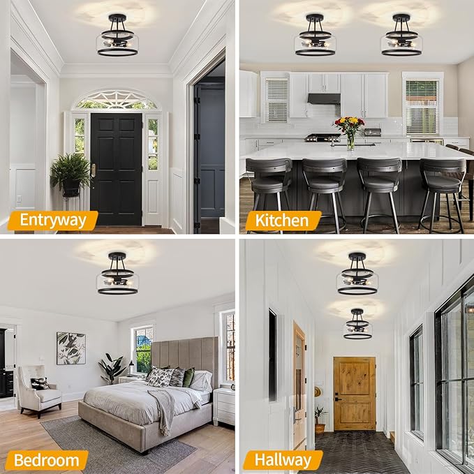 11.81" Black Glass Semi Flush Mount Ceiling Light, 3-Light Modern Light Fixture, Hallway Ceiling Lights, Ceiling Lamp for Entryway Bedroom Laundry Kitchen Dining Room Close to Ceiling Light Fixtures