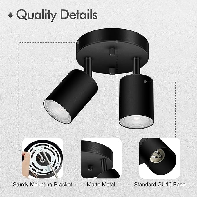 2 Light Track Lighting Fixtures Ceiling, Matte Black Round Directional Ceiling Spotlight, GU10 Flush Mount Track Fixture, Adjustable Modern LED Track Lights for Kitchen/Living Room, Bulb Not Included