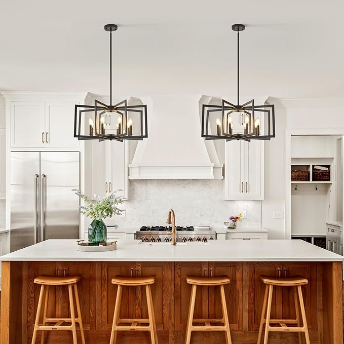 Klgxnrd 8-Light Modern Farmhouse Black Geometric Chandelier, Adjustable Height Dining Room Light Fixtures Over Table, Large Industrial Metal Chandeliers for Dining Room Kitchen Island Entryway