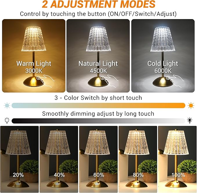 Cordless Table Lamp, 4000mAh Rechargeable Battery Operated Lamp, 3 Color Modes & Stepless Dimmable LED Touch Lamp, Portable Crystal Metal Beside Lamps for Bedroom Restaurant Outdoor(Gold)