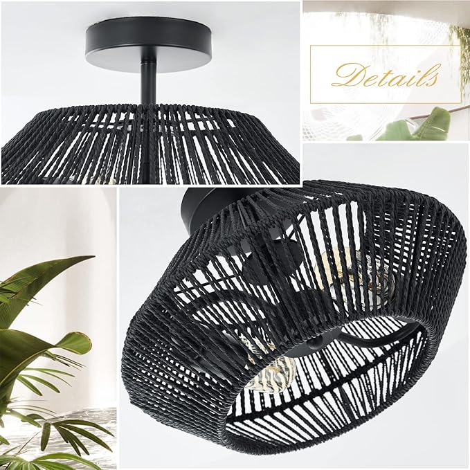 2-Lights Woven Rattan Ceiling Light Fixture, Black Farmhouse Hand-Woven Cage Semi Flush Mount Ceiling Light, Small Boho Coastal Basket Close to Ceiling Light for Bedroom Hallway Nursery Entryway