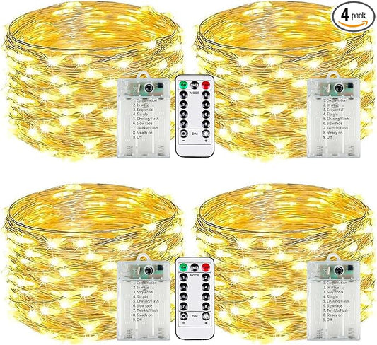 4-Pack Fairy Lights Battery Operated with Remote & Timer & 8 Modes, 16 FT 50 LED String Lights Outdoor Indoor, Battery Twinkle Lights Waterproof for Christmas Bedroom Centerpiece Décor (Warm White)