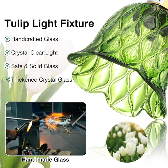 Vintage Wall Sconces Set of 2 - Hardwired Wall Lights with Green Tulip Glass Shade,Brass Wall Lamps for Bathroom Bedroom Stairway Bathroom Living Room Corridor(Bulbs Not Included,E26 Socket)