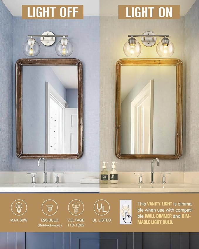 Emak Brushed Nickel Vanity Lights, 2-Light Bathroom Light Fixtures with Clear Glass Shade, Modern Globe Vanity Light for Bathroom, VL114-BN-2