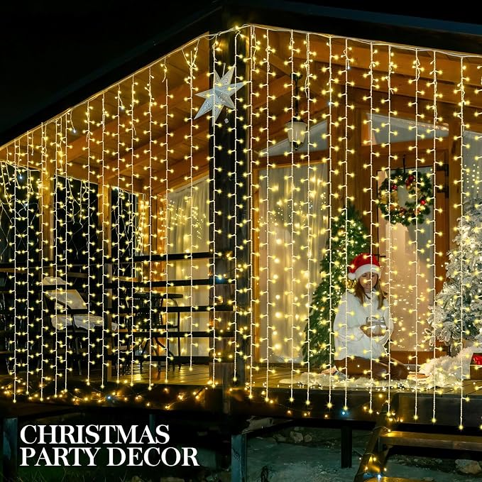 Aurelema 900 LED 30 x 9.5 Ft Christmas Curtain Lights 8 Modes Outdoor Fairy Lights with Remote Plug in Hanging String Fairy Light Waterproof for Bedroom Wall Window Backdrop Wedding Christmas Decor