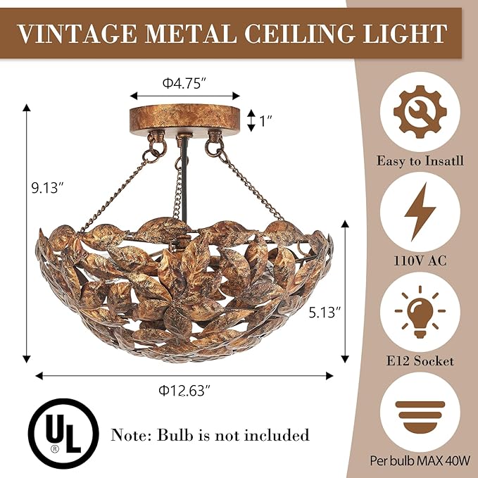 Vintage Flush Mount Ceiling Light with Leaves Design Shade, Dome Hallway Lighting Fixture, Industrial Light Fixture for Bedroom Entryway Kitchen Laundry