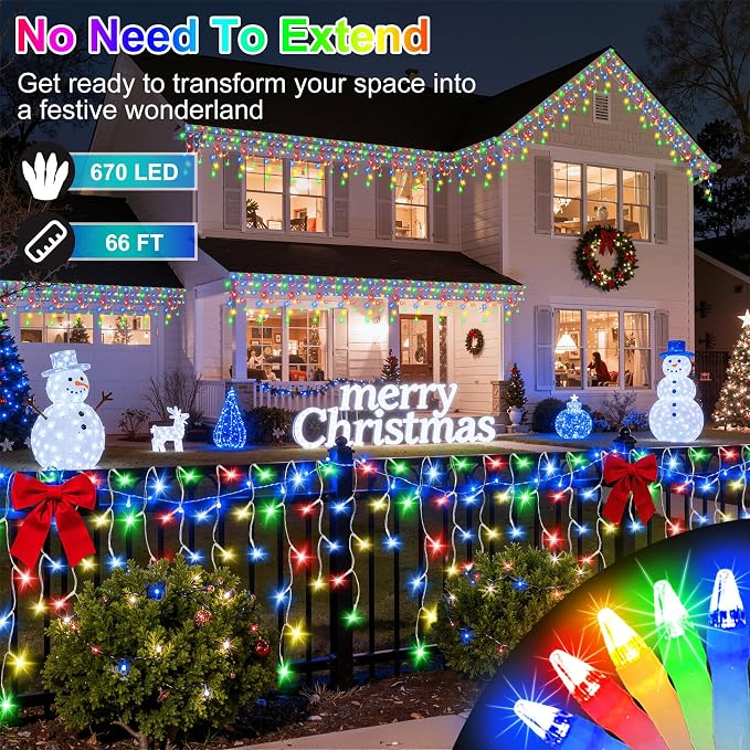 670 LED 66FT Christmas Lights with 148 Drops, 12 Modes Dimmable Multicolor Outdoor Hanging Lights with Timer Memory, Waterproof Curtain Lights for Home Bedroom Indoor Tree Window Roof Fence Wedding