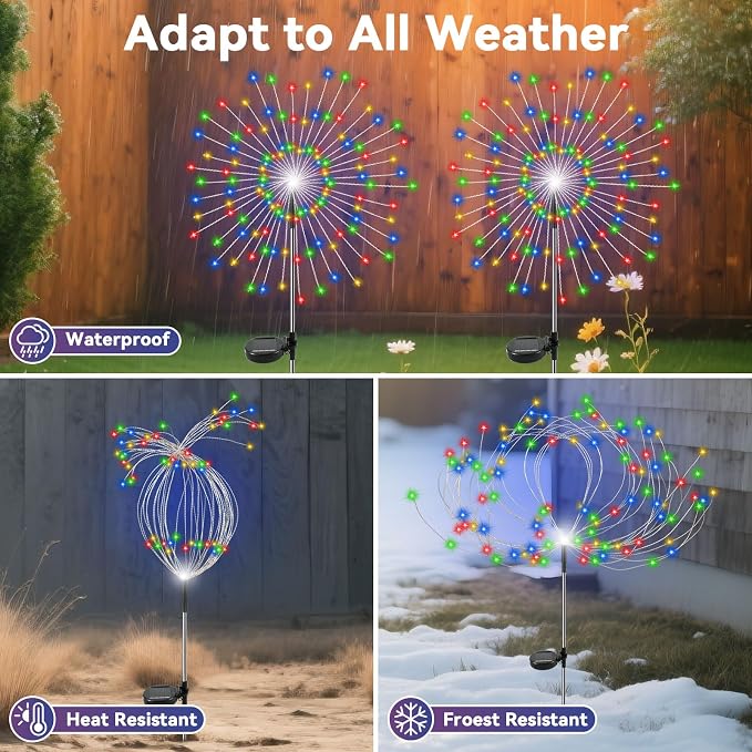 Garden Outdoor Lights, 4 Pack 120 LED Solar Garden Lights Fairy Lights Outdoor Waterproof Decorative Solar Firework Lights for Yard Patio Pathway Flowerbed Party Wedding Decor, Multicolor