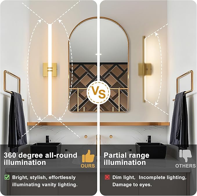 Bathroom Light Fixtures,Gold 28W LED 360° Full Lighting Modern Wall Sconce Vanity Light with 5-Color Dimmable 3000K-6000K, 29.92inch Vanity Lighting for Bath, Powder Room, Bedroom, Hallway
