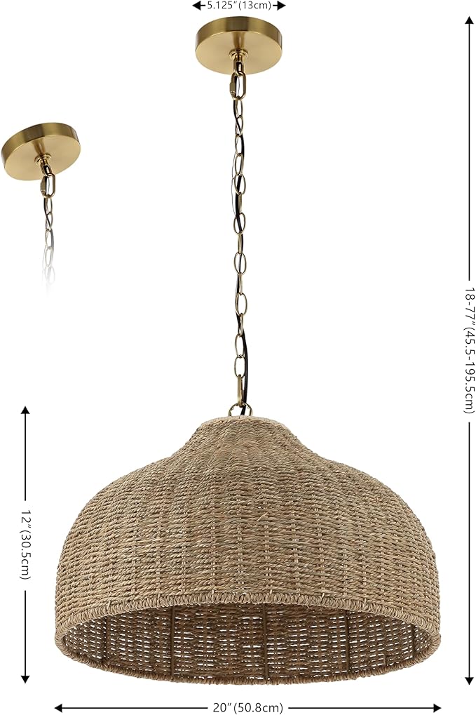 JONATHAN Y 20" Brown/Brass Gold 1-Light Rattan and Iron Dome Pendant Light, Adjustable Height Coastal Bohemian Hanging Lamp for Kitchen Island, LED Bulb Included JYL1133A