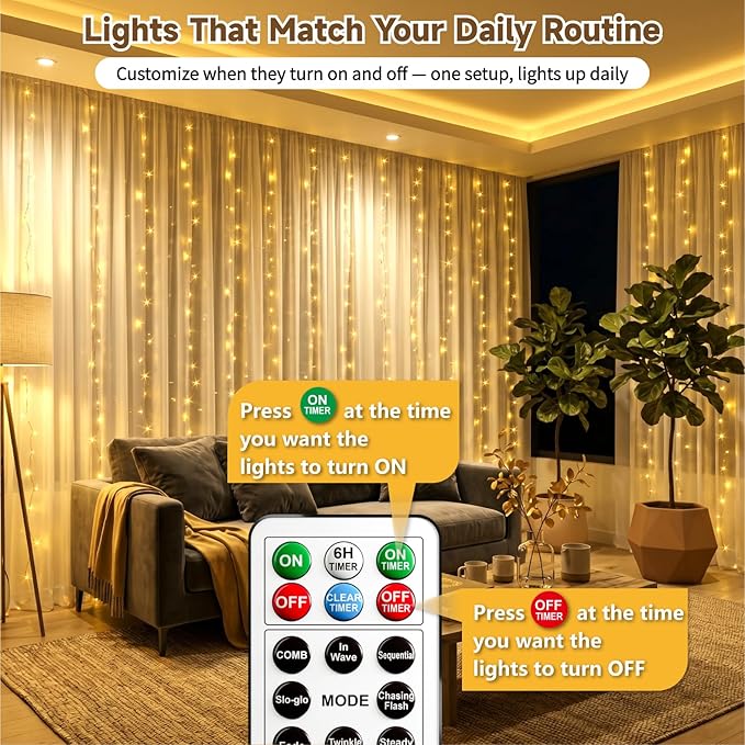 HXWEIYE 300LED Untangled Curtain Lights, 9.8x9.8Ft USB Fairy Twinkle String Lights with Remote and DIY Timer, 8 Modes Window Wall Hanging Light for Bedroom Dorm Backdrop Room Decor, Warm White