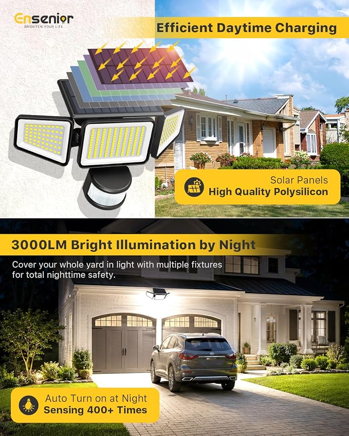 Ensenior Solar Motion Lights Outdoor, 228 LED Solar Security Lights with Remote Control, IP65 Waterproof 3 Heads Flood Light with 4 Modes, 270° Wide Angle Motion Sensor Light Outside - 4 Packs