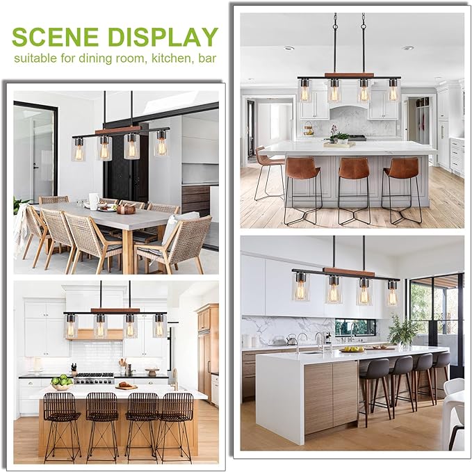 WILON Kitchen Island Lighting, 4 Lights Black Linear Chandeliers Modern Farmhouse Chandelier with Glass Shades for Kitchen Island Living Dining Room Foyer Bedroom(Black,4 Lights)