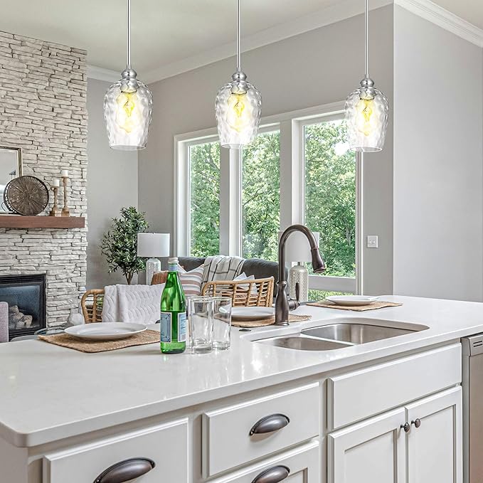Glass Pendant Lights Kitchen Island, Brushed Nickel Pendant Light Fixtures with Hand-Blown Clear Glass, Modern Hanging Light for Kitchen Sink Dining Room Bedroom, E26
