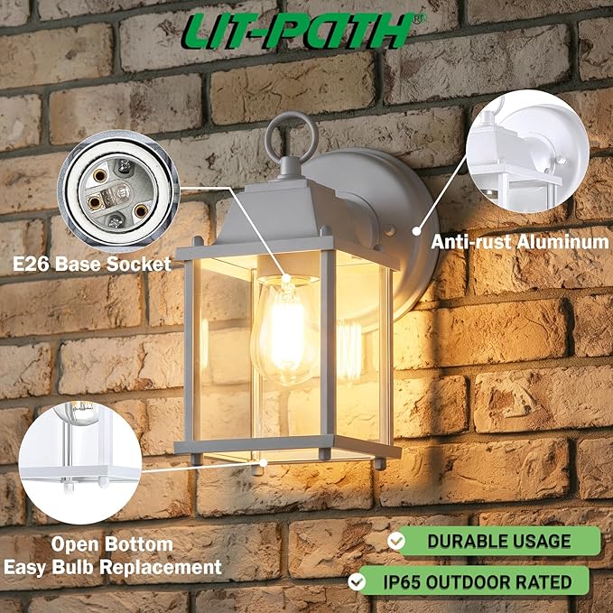 LIT-PaTH Outdoor Wall Lantern, Wall Sconce as Porch Lighting Fixture, E26 Base, Aluminum Housing Plus Glass, Water-Proof and Outdoor Rated, ETL Qualified, 1-Pack, White