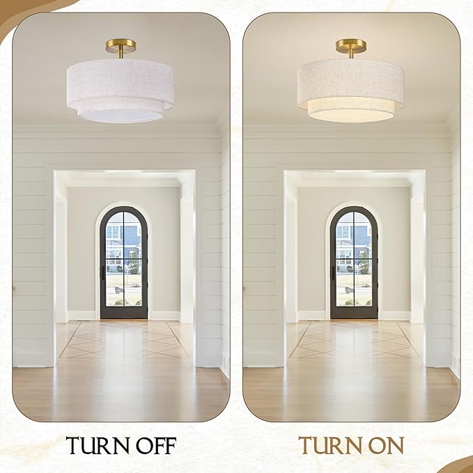 15.7 Inch Flush Mount Ceiling Light Gold Close to Lights Fixture with 2-Layer Fabric Shade 3-Light Drum Modern Lights for Dining Room Bedroom Hallway