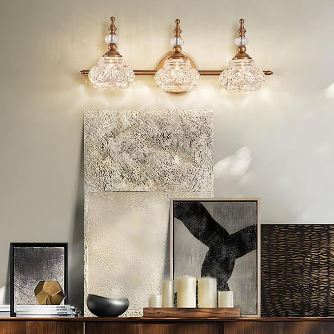 Vintage Vanity Light Fixture, 3 Lights Bathroom Lighting Matte Brushed Antique Brass Finish with Crystal Glass Shade, Vintage Vanity Light for Bathroom Bedroom Living Room