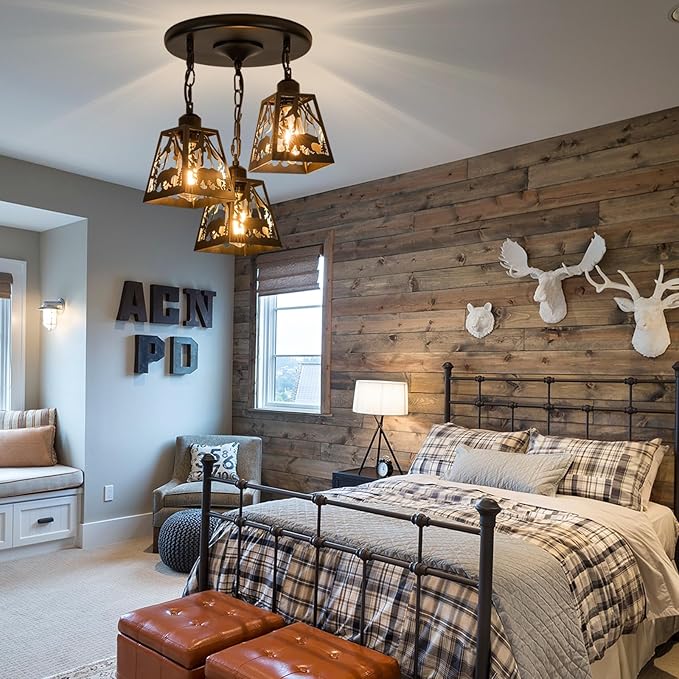 Farmhouse Rustic Ceiling Light Fixture,Black Metal Cage Pendant Lights Kitchen Island with Bear,Industrial Hanging Pendant Lighting for Dining Room Bedroom Entryway Hallway Foyer