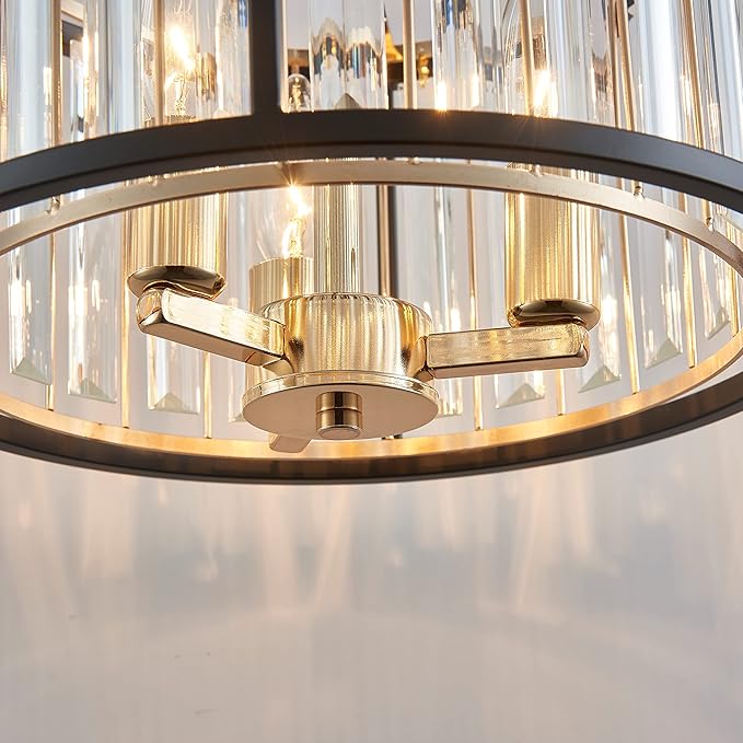 AGV LIGHTING CL005BB K9 Crystal Semi Flush Mount Ceiling Light Fixture, Modern Design, E12 Base 3-Lights, D13 x H15, Shinny Gold & Matte Black Finish Metal Frame