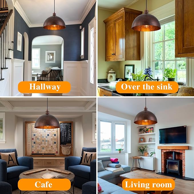 Farmhouse Pendant Lights Kitchen Island,11.8" Red Bronze Rustic Dome Pendant Lights Fixture,Adjustable Height Industrial Chandelier for Dining Room,Bedroom,Hallway