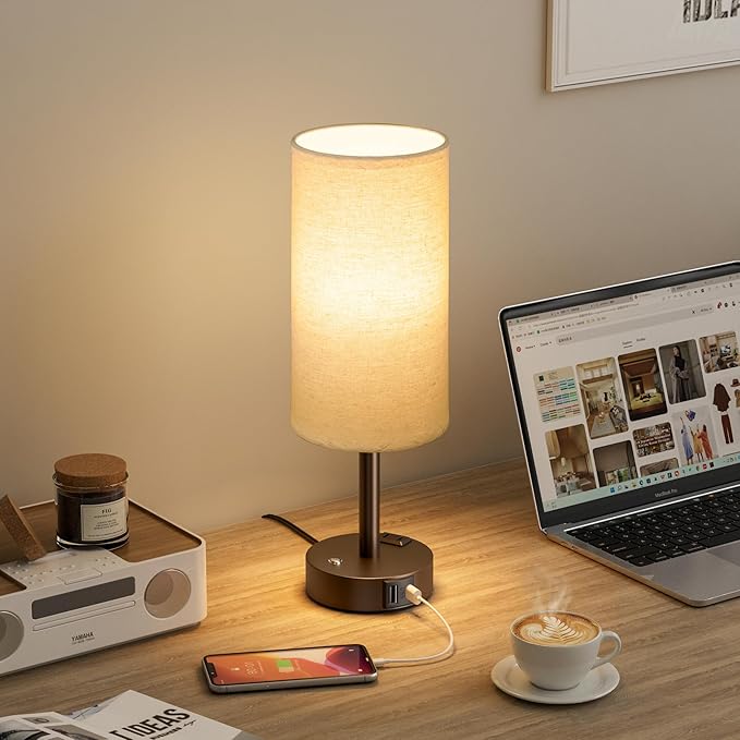Touch Bedside Table Lamp with Memory - Stepless Dimmable Lamp for Bedroom, Small Nightstand Lamp with Dual USB Charging Ports and AC Outlet, Wood Night Light, Deak Lamp for Nursery (Beige & Brown)