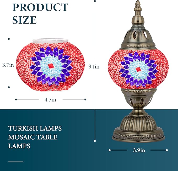 Marrakech Vintage Lamp Turkish Mosaic Lamps with Tiffany Style, Handmade Moroccan Table Lamps with Bronze Base Including LED Bulb for Living Room Bedroom Decor (Red)