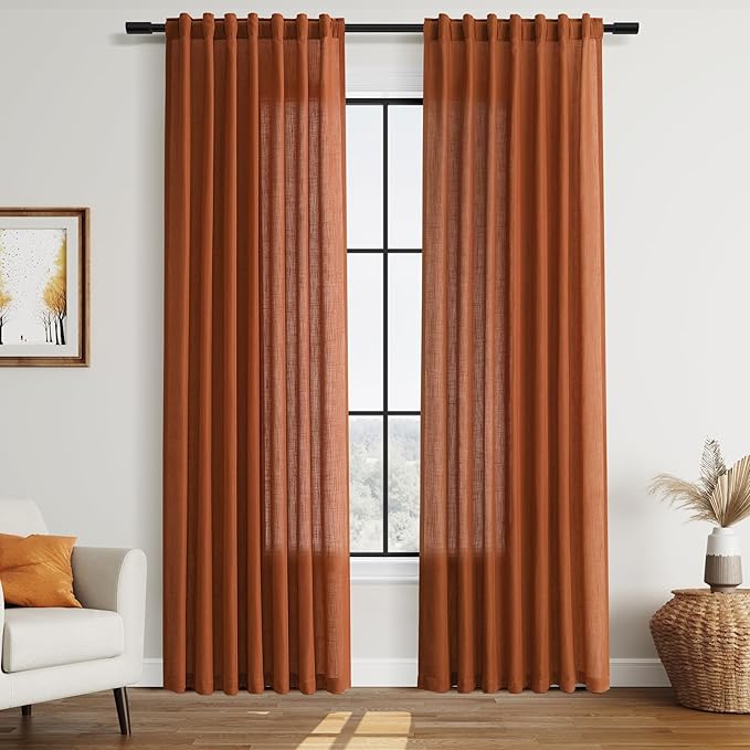 Nanspring Rust Linen Curtains 84 Inch Length 2 Panels Set for Living Room Light Filtering Semi Sheer Curtain Back Tab Rod Pocket Vintage Rustic Luxury Home Decor Drapes for Bedroom Office 52x84