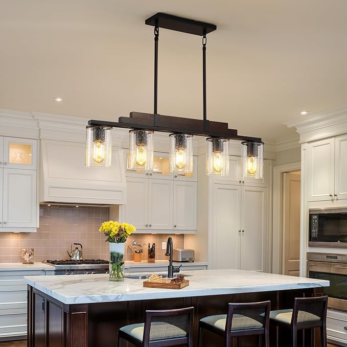Farmhouse Wood Kitchen Island Lighting, 5-Light Adjustable Chandelier for Dining Room, Seeded Glass Shade Dining Room Light Fixture Over Table, Black Hanging Pendant Lights for Kitchen, Pool Table