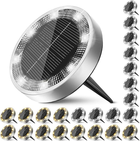 Peasur Solar Ground Lights Outdoor, 24 Pack Flat Solar Powered Disc Lights, IP68 Waterproof, Anti-Rust, Landscape Lighting for Pathway Garden Lawn Walkway Landscape Driveway, Warm White+Cool White